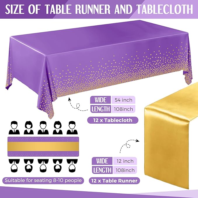 Breling 24 Pack Purple and Gold Disposable Plastic Tablecloths and
