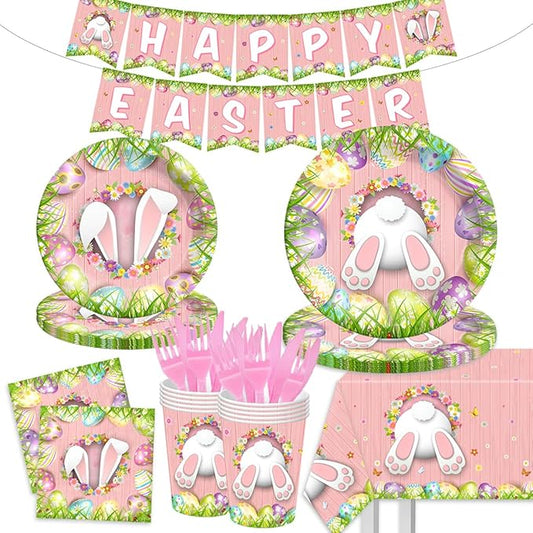 Happy Easter Decorations 142Pcs Easter Bunny Plates and Napkins Kit