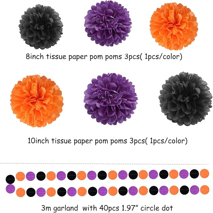 Black Purple Orange Halloween Party Decorations 23pcs Tissue Pom