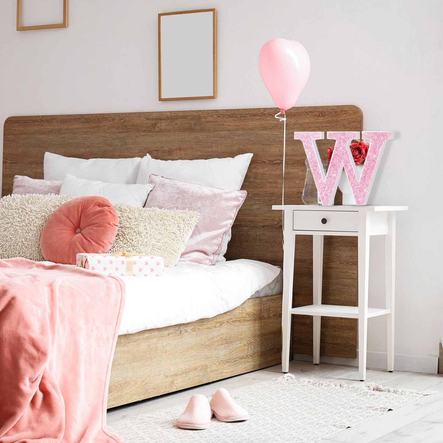 Qunclay Pink Crystal Diamond Letter Wall Decor, Glitter Wooden Bling