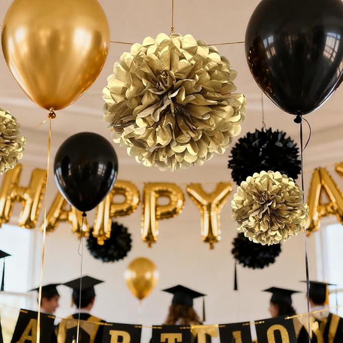 Black Gold Paper Pom Poms for Wedding Birthday Black Gold Party