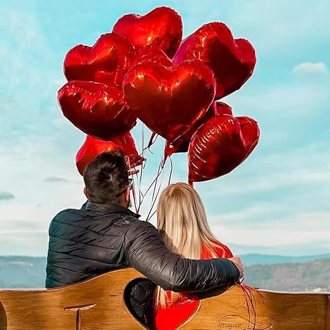 Red Heart Balloons, 18 Inch Metallic Red Foil Balloon Helium 10Pcs