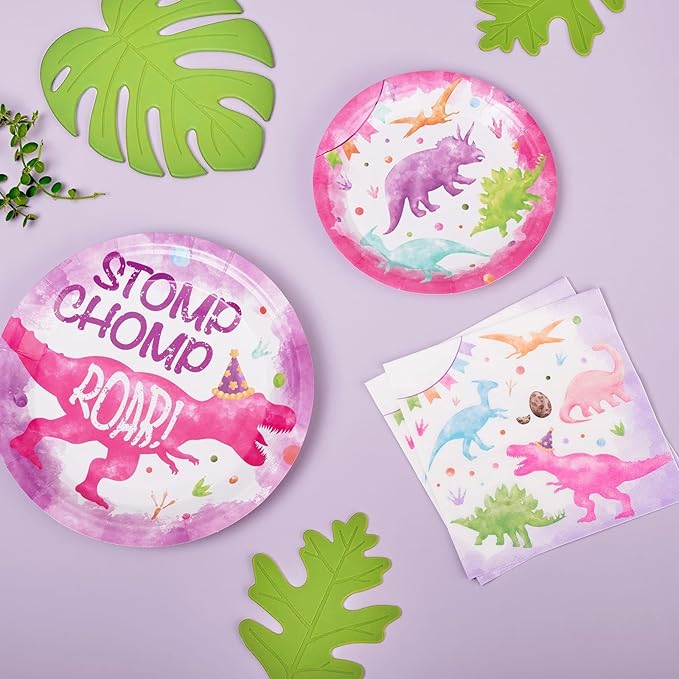 Girl Dinosaur Party Decorations 64 PCS Dinosaur Plates Napkins and