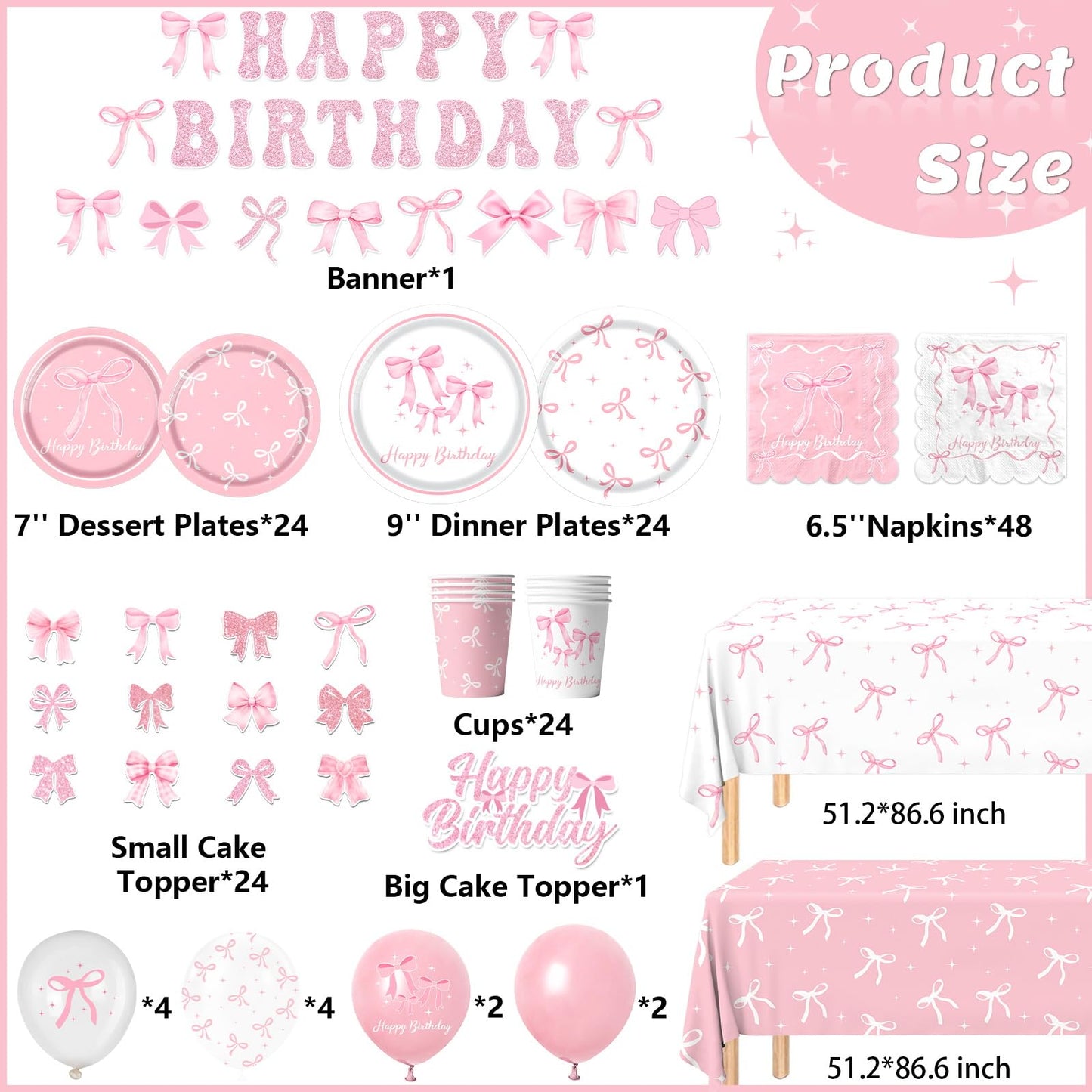 Pink Bow Birthday Party Supplies Serve 24, Coquette Birthday