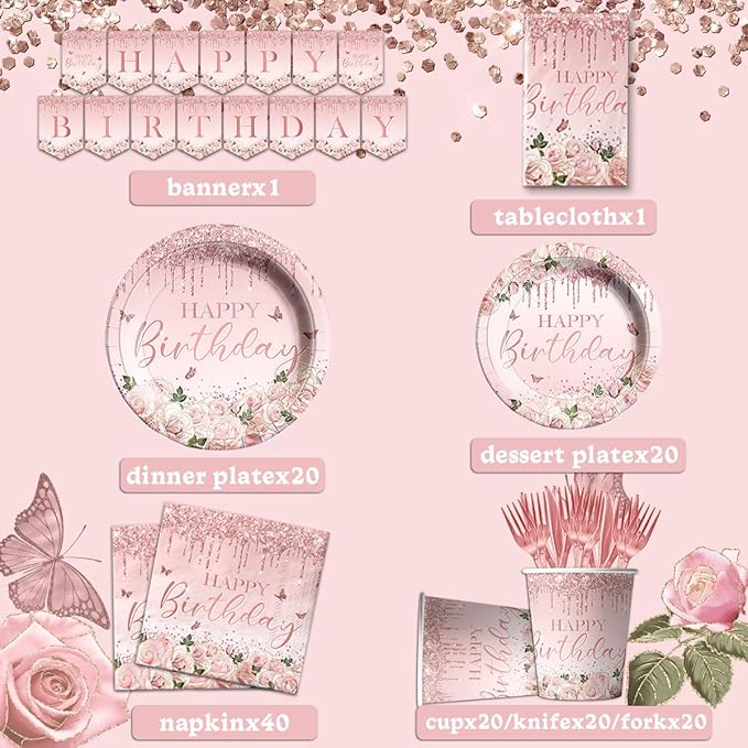 142Pcs Pink Rose Gold Birthday Party Supplies Pink Birthday Party