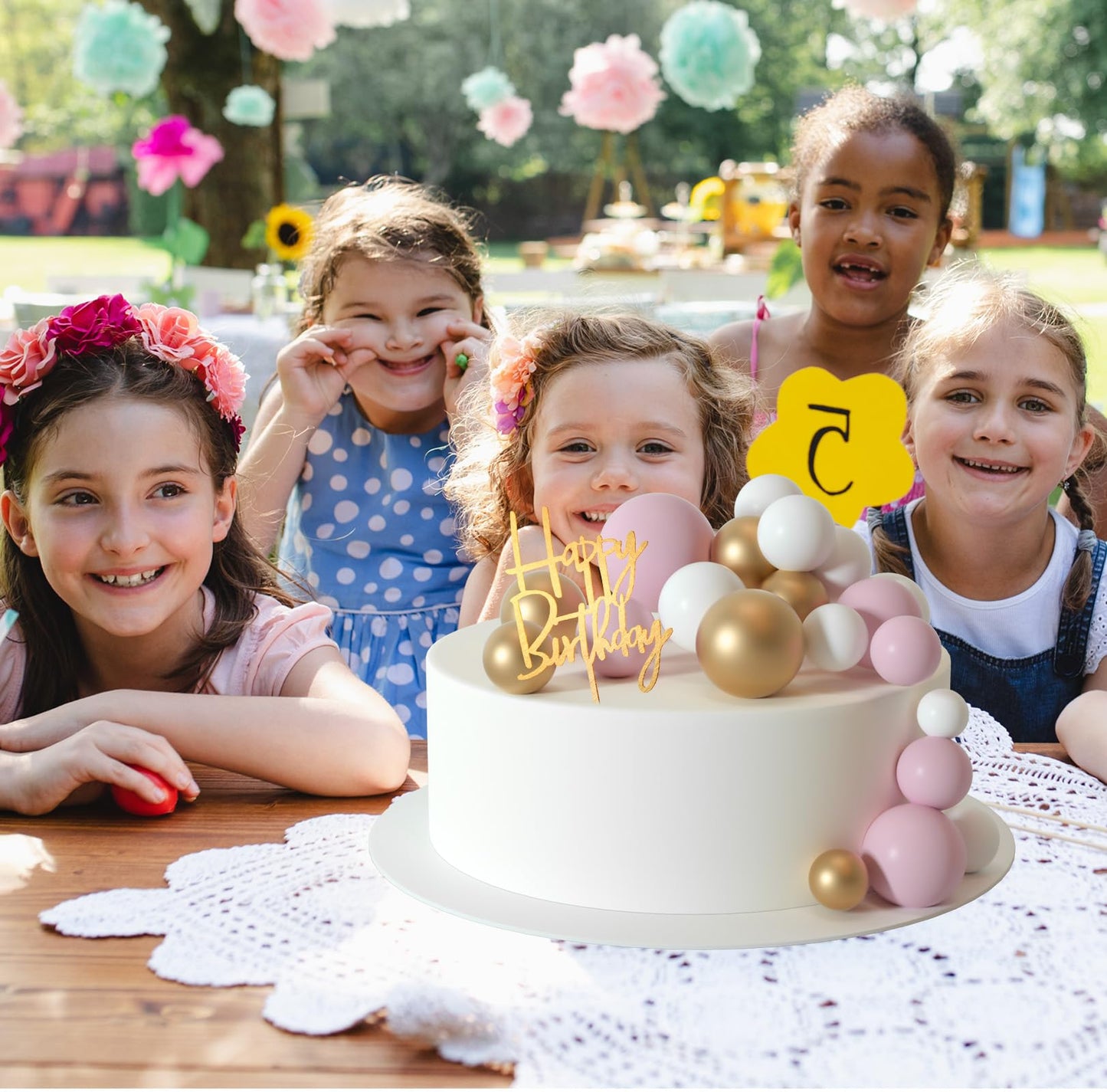 MIAHART Ball Cake Toppers Boho Grass Cake Topper Ball Cake Insert Whit