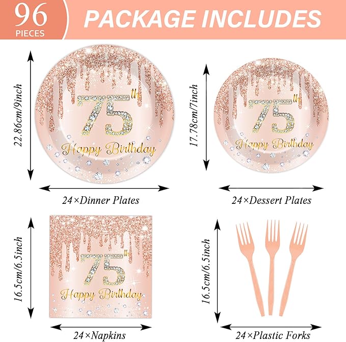 96 Pcs Rose Gold 75th Birthday Party Plates and Napkins for Girls