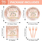 96 Pcs Rose Gold 75th Birthday Party Plates and Napkins for Girls