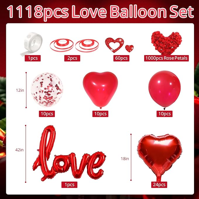 Valentines Day Decorations with Red Heart Balloons and Love
