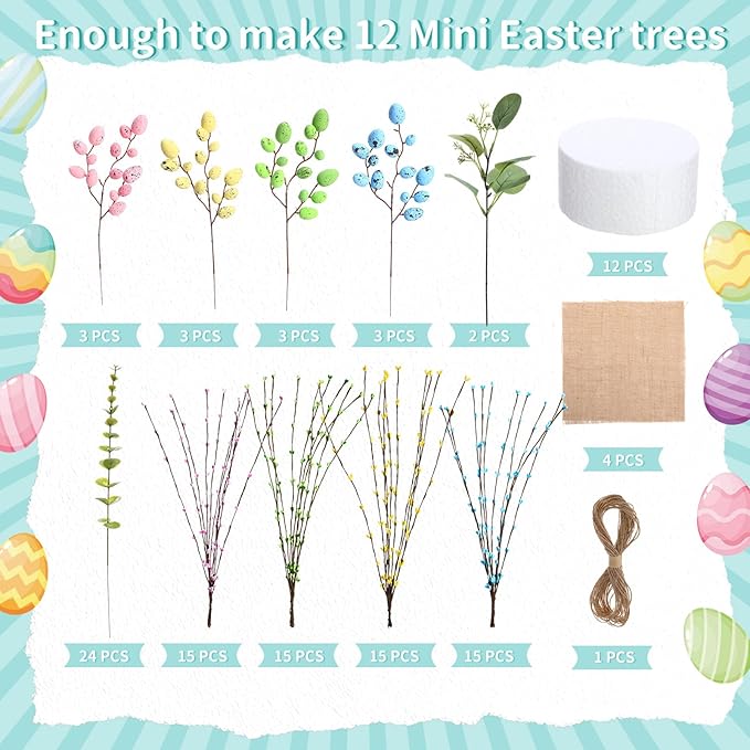 12 Set Easter Egg Tree Decor DIY Easter Table Decoration 12'' Pastel