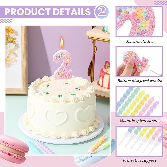 MTLEE Birthday Candle Macaron Glitter 3D Number Candle with 12 Pcs