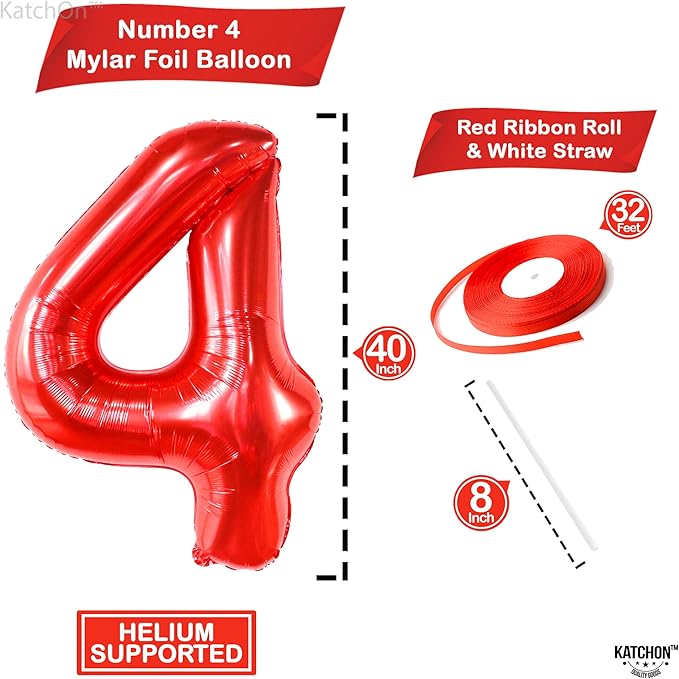 KatchOn, Giant Red Number 4 Balloons for Birthdays - 40 Inch | Red 4