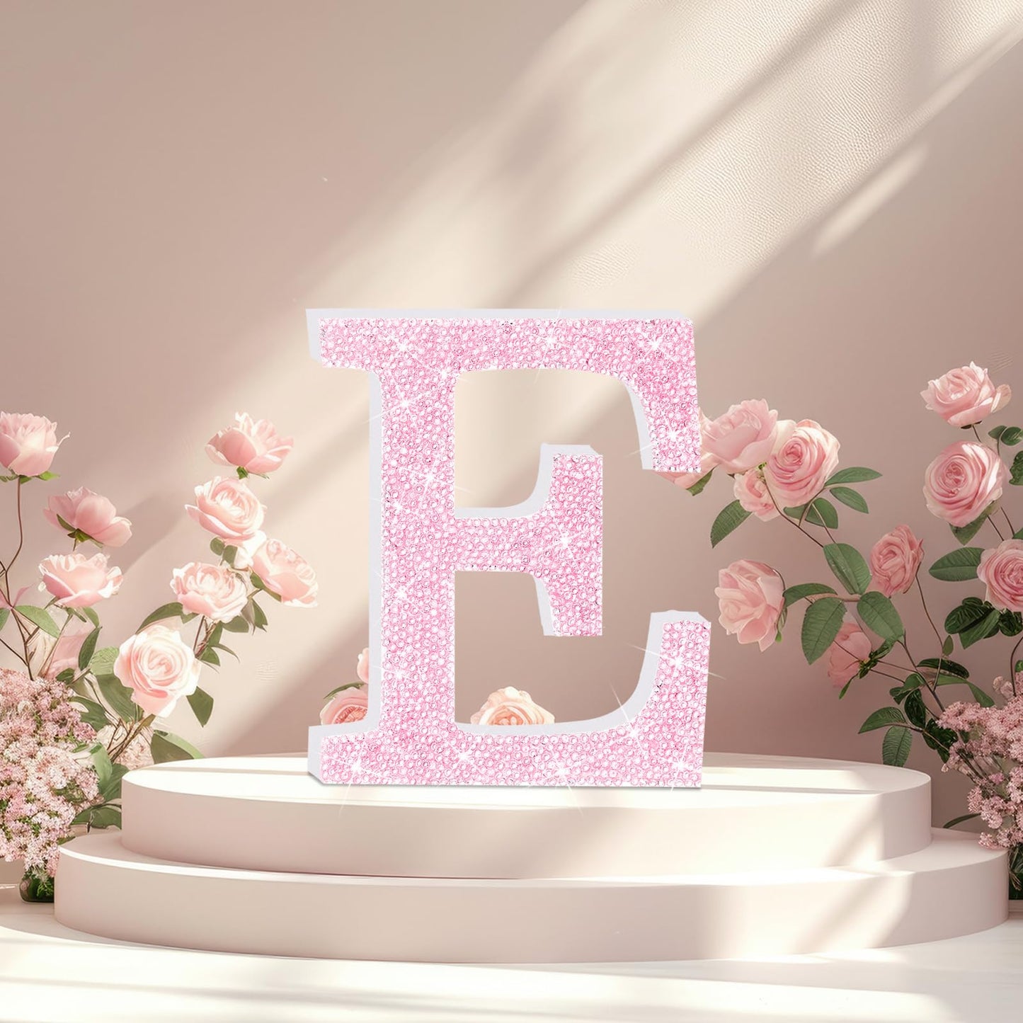 Qunclay Pink Crystal Diamond Letter Wall Decor, Glitter Wooden Bling