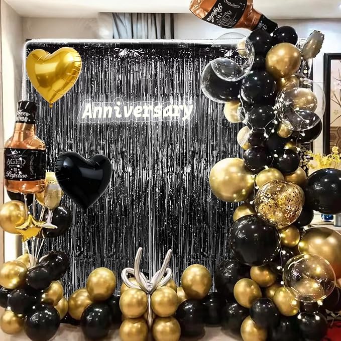 157Pcs Black and Gold Balloons Garland Arch Kit with Fringe Curtain