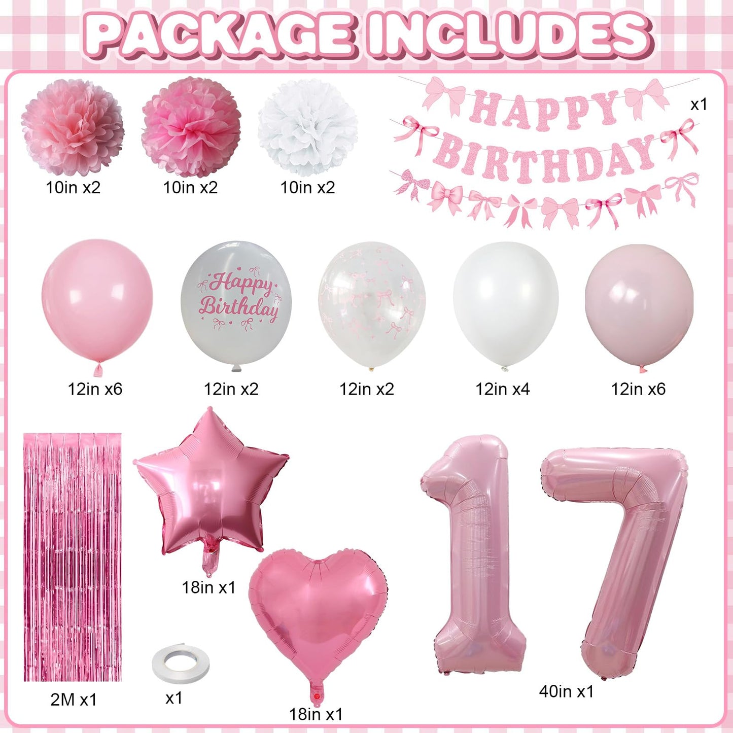 17th Birthday Decorations for Girls Pink Number 17 Balloon Bow