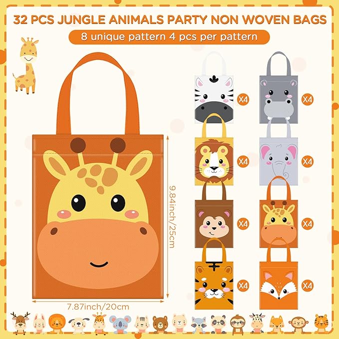 32 Pcs Safari Party Favor Bags Non Woven Jungle Animal Goodie Treat