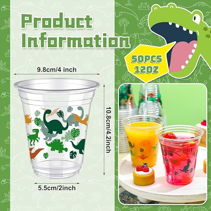50 Pcs 12 oz Dinosaur Birthday Decorations Dinosaur Cups Plastic