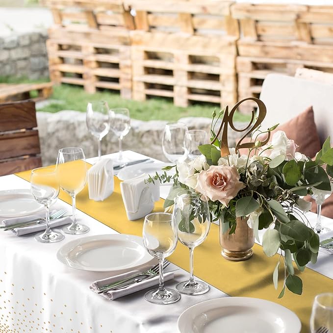 12Pack Disposable Plastic Tablecloths and Satin Table Runner Set White