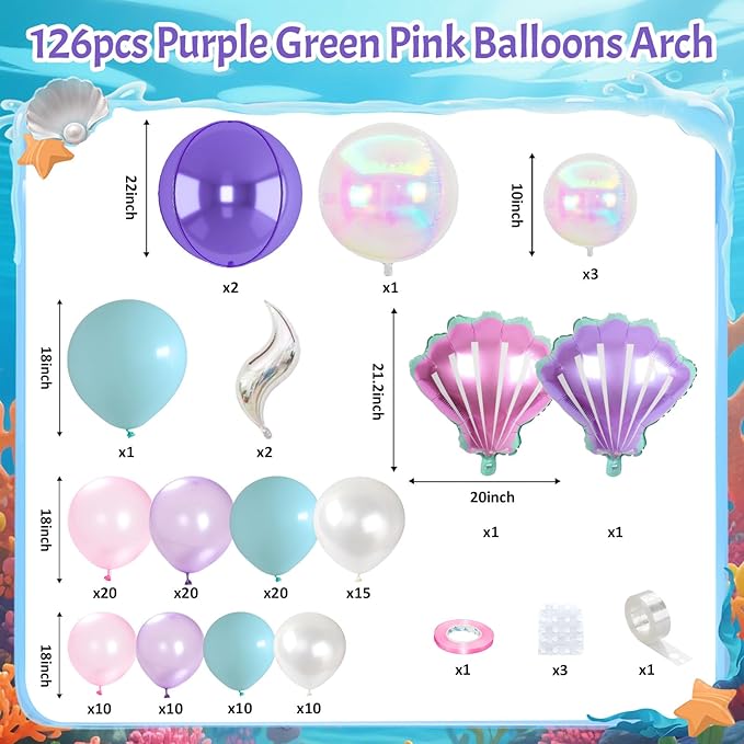 Mermaid Balloon Garland Arch Kit Purple Teal Blue Pink Clear Latex