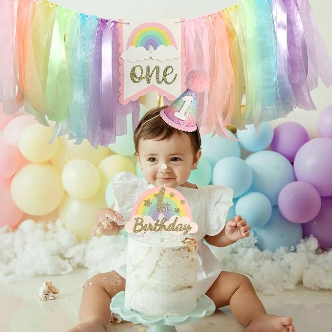 Macaron First Birthday Party Decorations Pastel Rainbow High Chair