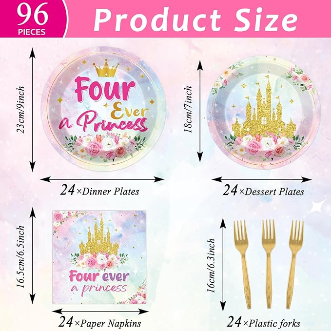 96Pcs Princess Birthday Party Supplies Four Ever a Princess Plate