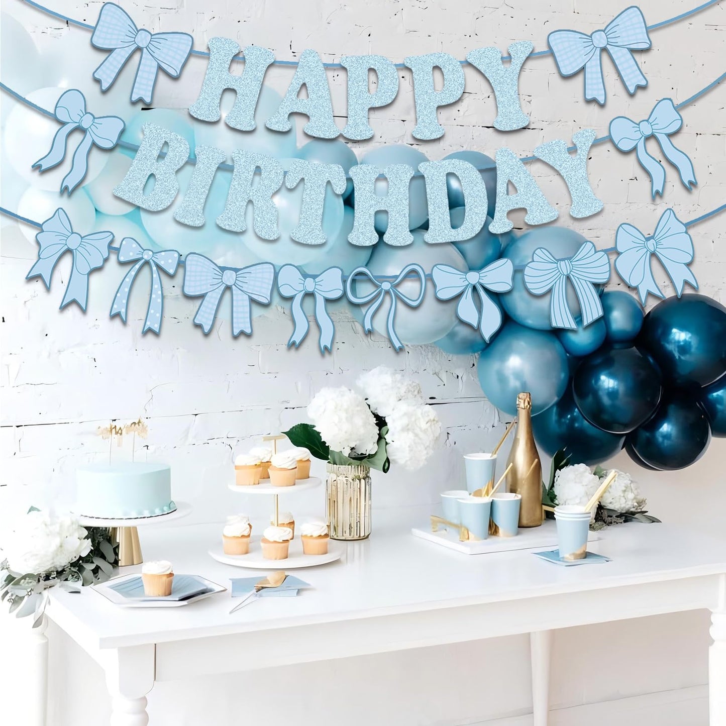 Pre-Strung Blue Bow Decorations Glitter Happy Birthday Banner Bow