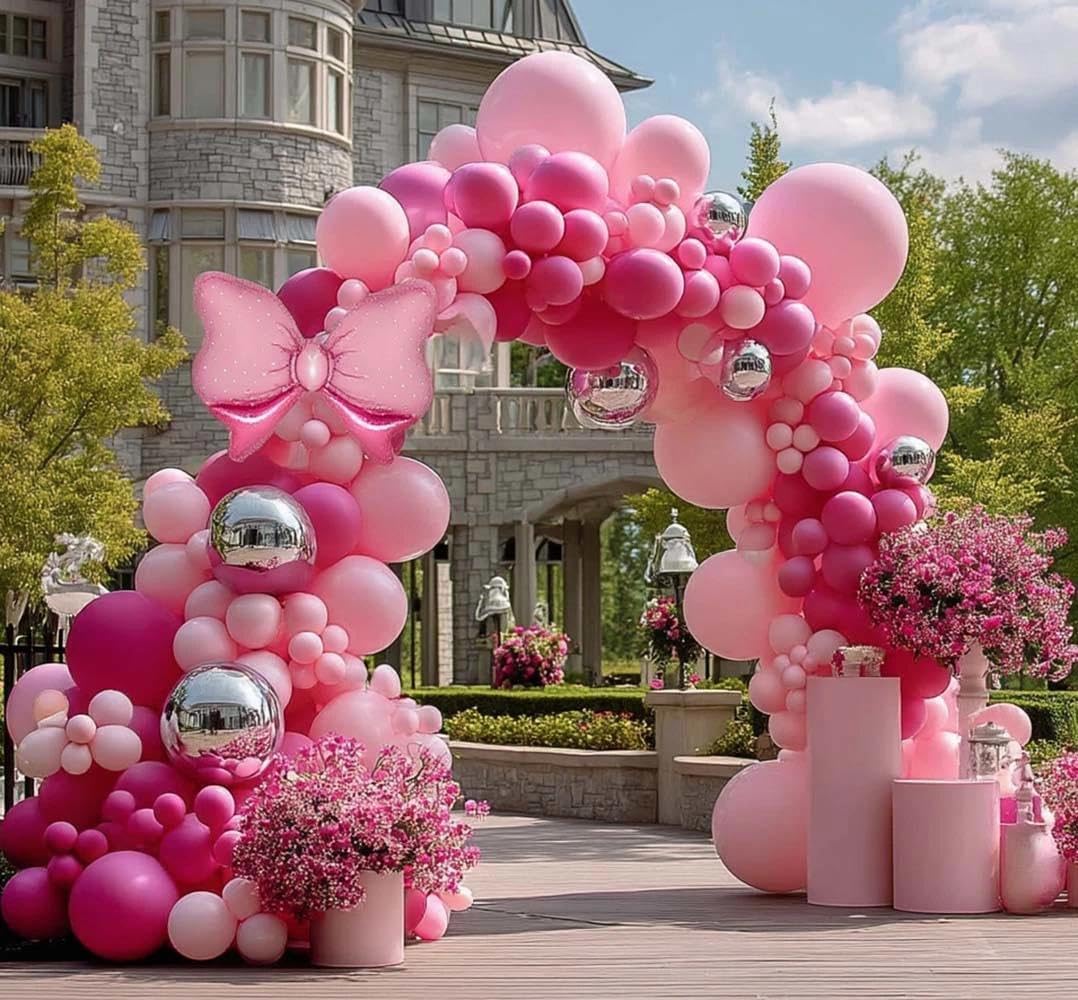 Pink Balloon Arch Kit Double Stuffed Peach Pink Bow Balloon Garland
