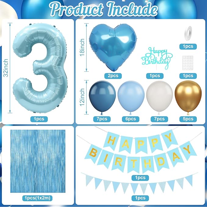 3rd Birthday Decorations Blue White Gold 3rd Birthday Balloons with