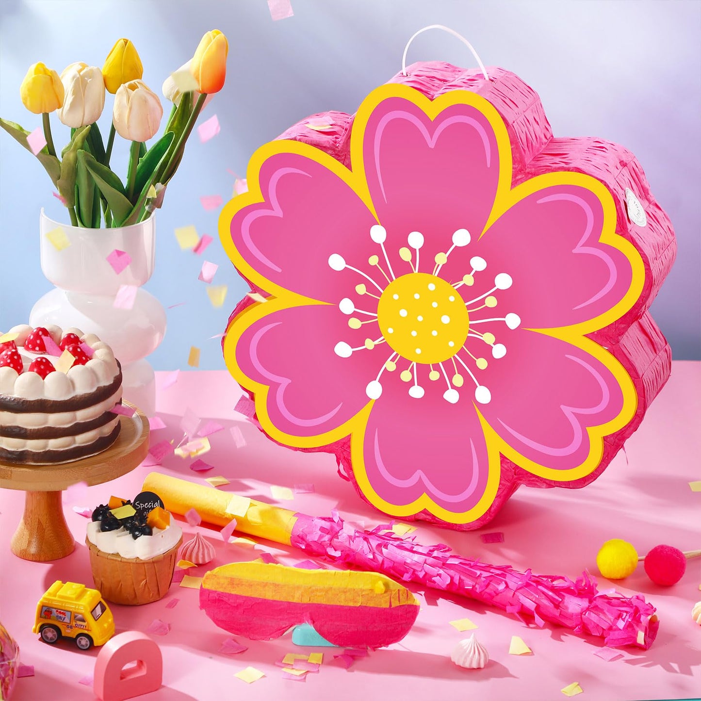 Aoriher Daisy Flower Piñata Set with Blindfold and Bat Pink Flower