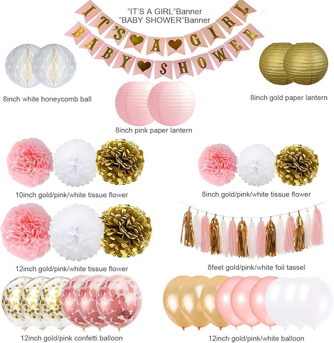 It's A Girl Baby Shower Decorations Pink & Gold Banner Lanterns