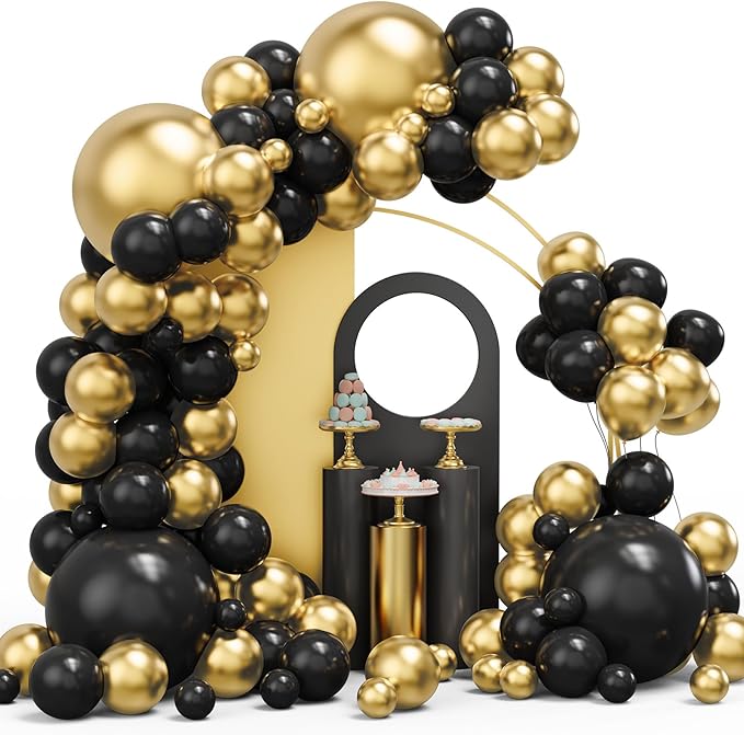 Black and Gold Balloons Garland Arch Kit, 134pcs Black and Metallic