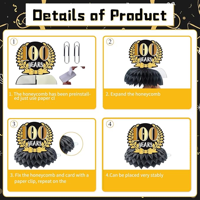 100th Birthday Party Decorations, 9PCS Black Gold 100th Vintage
