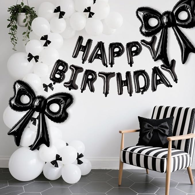 Black Happy Birthday Balloons, 31”Huge Black Bow Aluminum Foil