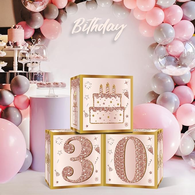 3Pcs 30th Birthday Decorations Boxes for Women Pink Rose Gold 30th