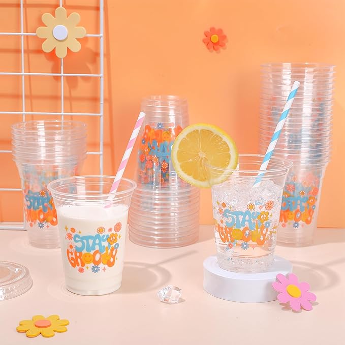 50Pcs Boho Party Plastic Cups 12 oz Stay Groovy Disposable Cups