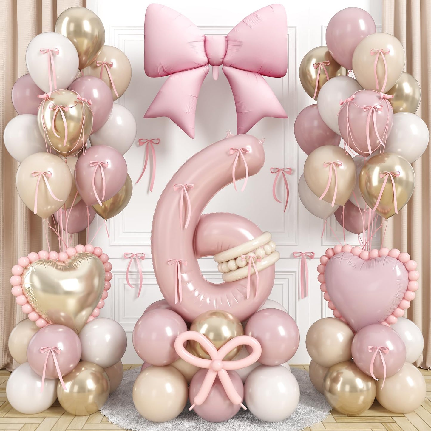 40 Inch Number 6 Balloon Pink, Dusty Blush Pink Gold White Sand