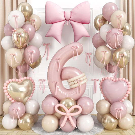 40 Inch Number 6 Balloon Pink, Dusty Blush Pink Gold White Sand