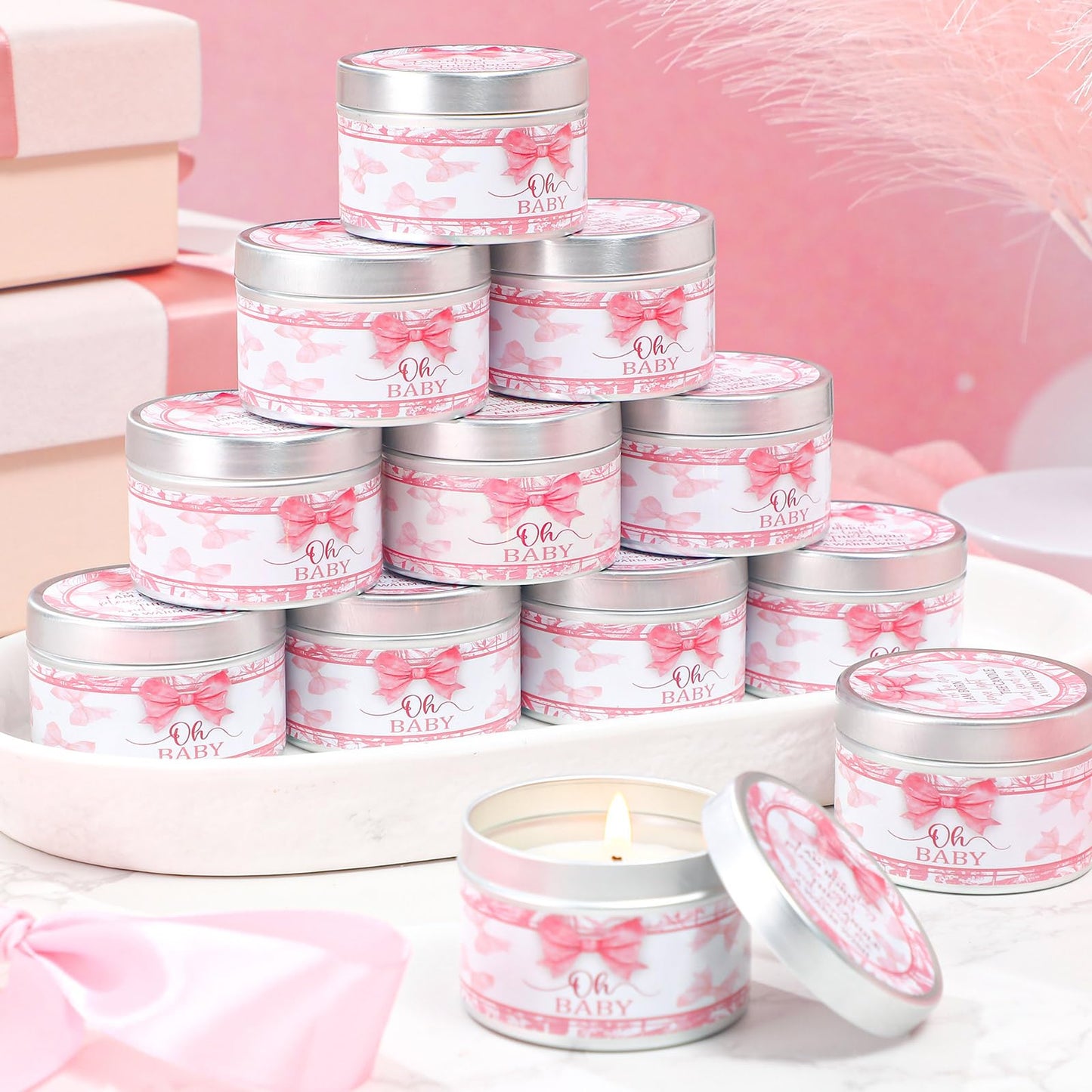 MTLEE 24 Pcs Bow Baby Shower Party Favors Candles Lavender Scented