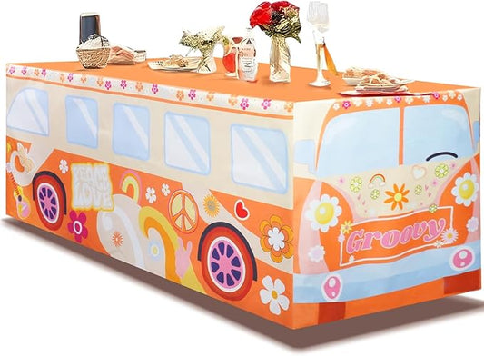 4Ft Groovy Bus Tablecloth,Hippie Birthday Party Decorations for 60s