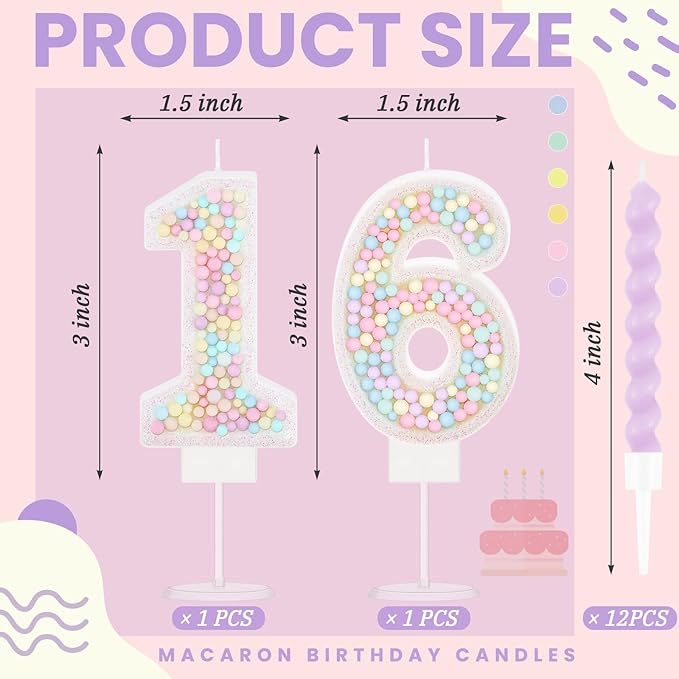 MTLEE Number 16 Birthday Candle with 12 Pcs Spiral Candles for Girls