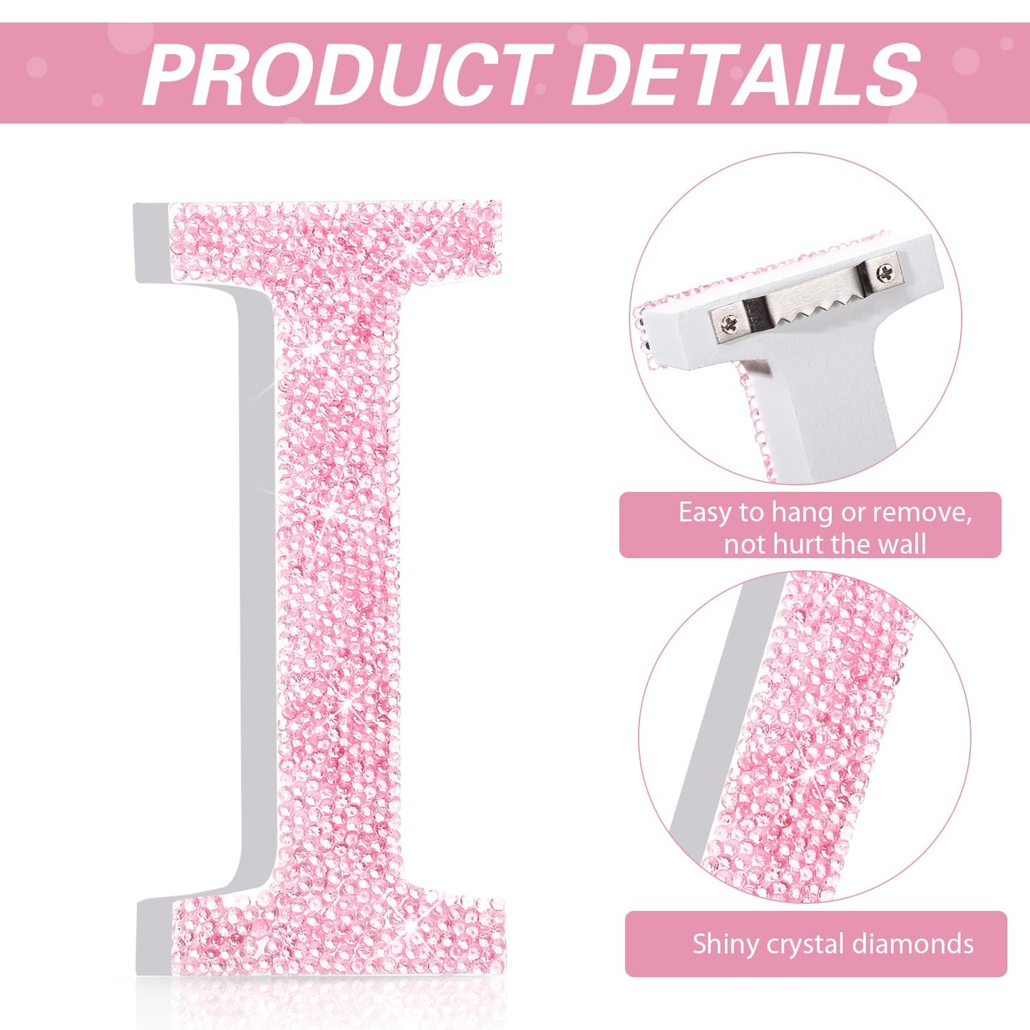 Qunclay Pink Crystal Diamond Letter Wall Decor, Glitter Wooden Bling