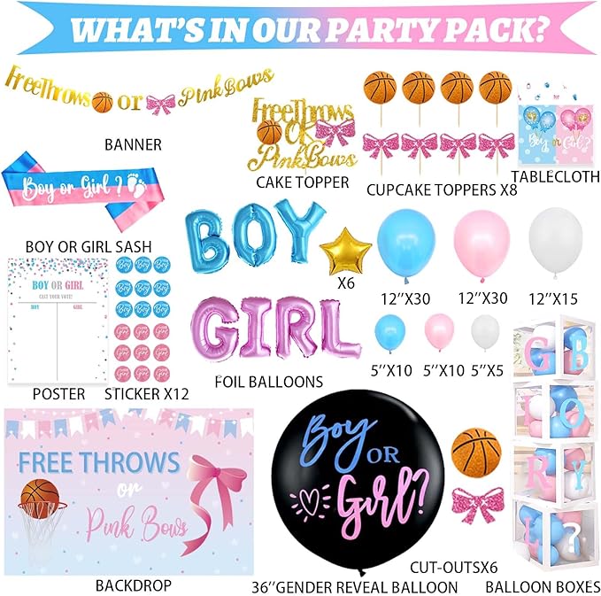 Free Throws or Pink Bows Gender Reveal Decorations 169 PCs Boy or
