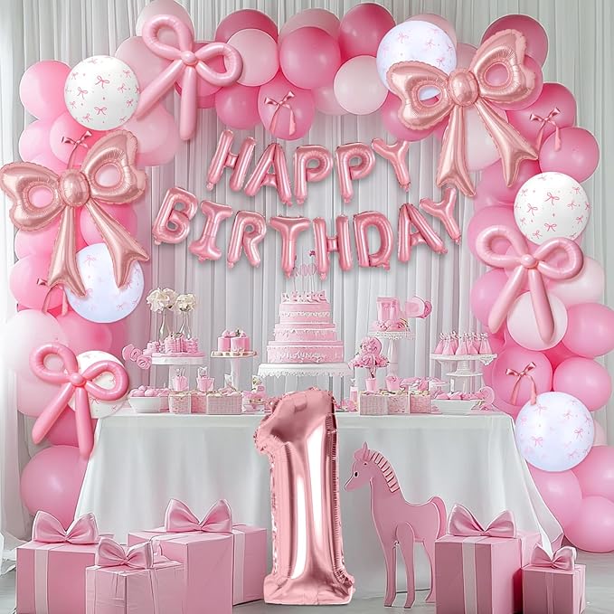Pink Bow Happy Birthday Balloons, 40” Aluminum Foil Number 1 Balloon