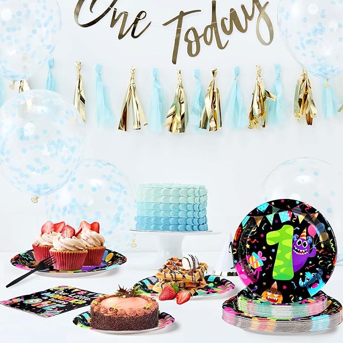 96 Pcs Monster 1st Birthday Party Supplies Little Monster Plates and