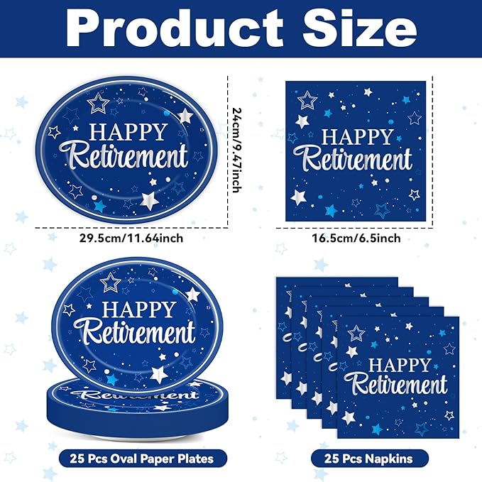 Happy Retirement Party Oval Paper Plates 11inch Blue Silver