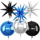 6Pcs Black Blue Silver Foil Balloons,22Inch Black Blue 4D Round Ball