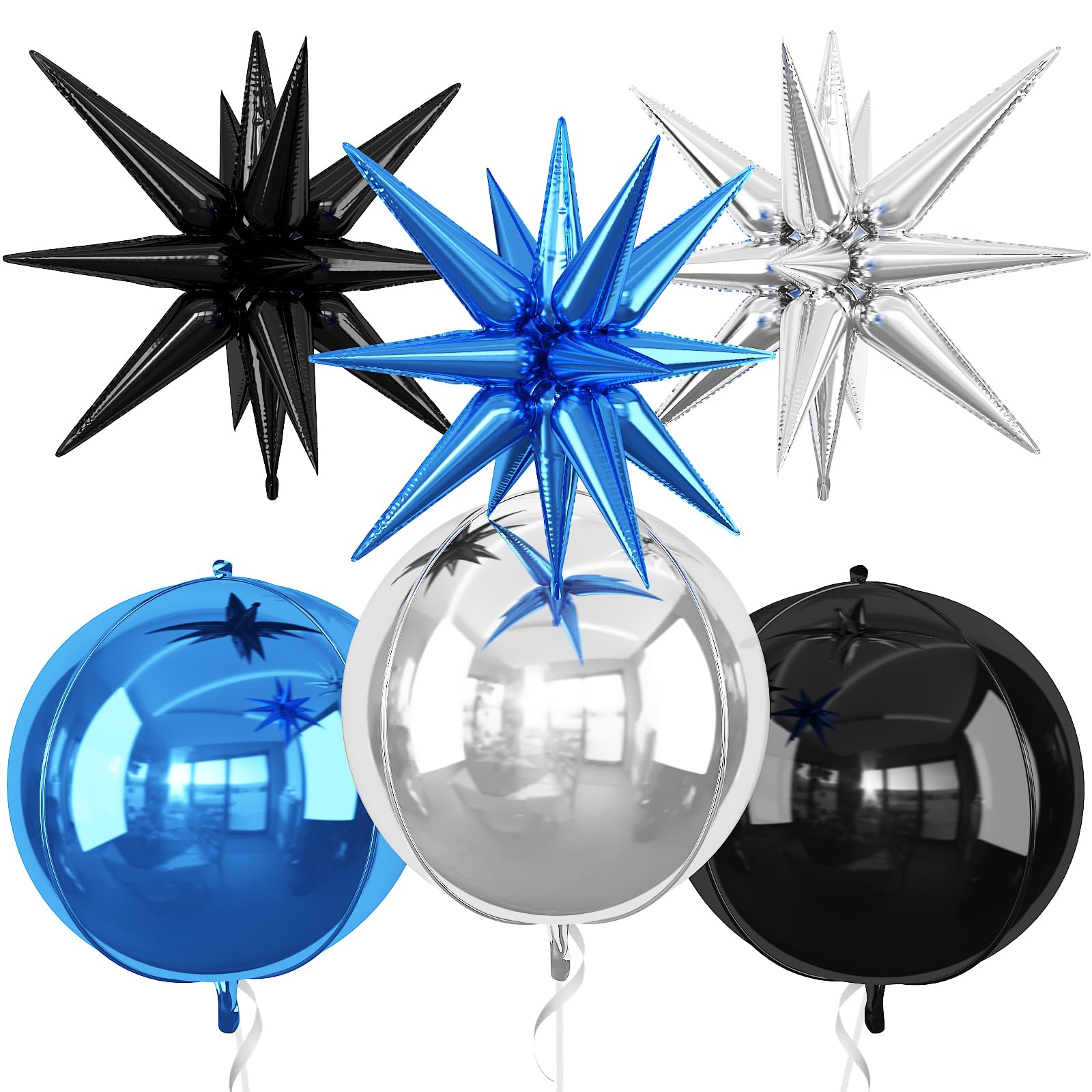 6Pcs Black Blue Silver Foil Balloons,22Inch Black Blue 4D Round Ball