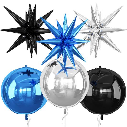 6Pcs Black Blue Silver Foil Balloons,22Inch Black Blue 4D Round Ball