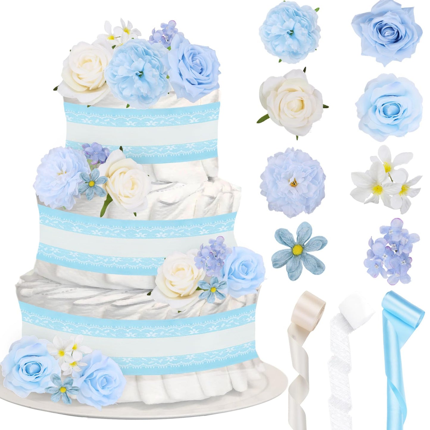 Cheerupp Blue Floral Theme Diaper Cake Decorations for Baby Shower