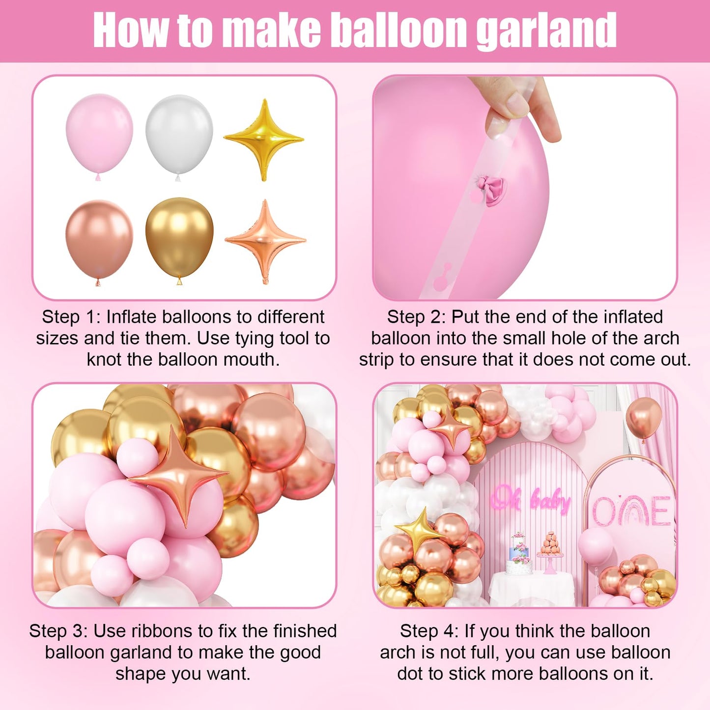 Pink and White Balloon Arch Kit, Pink and Gold Balloons Garland with